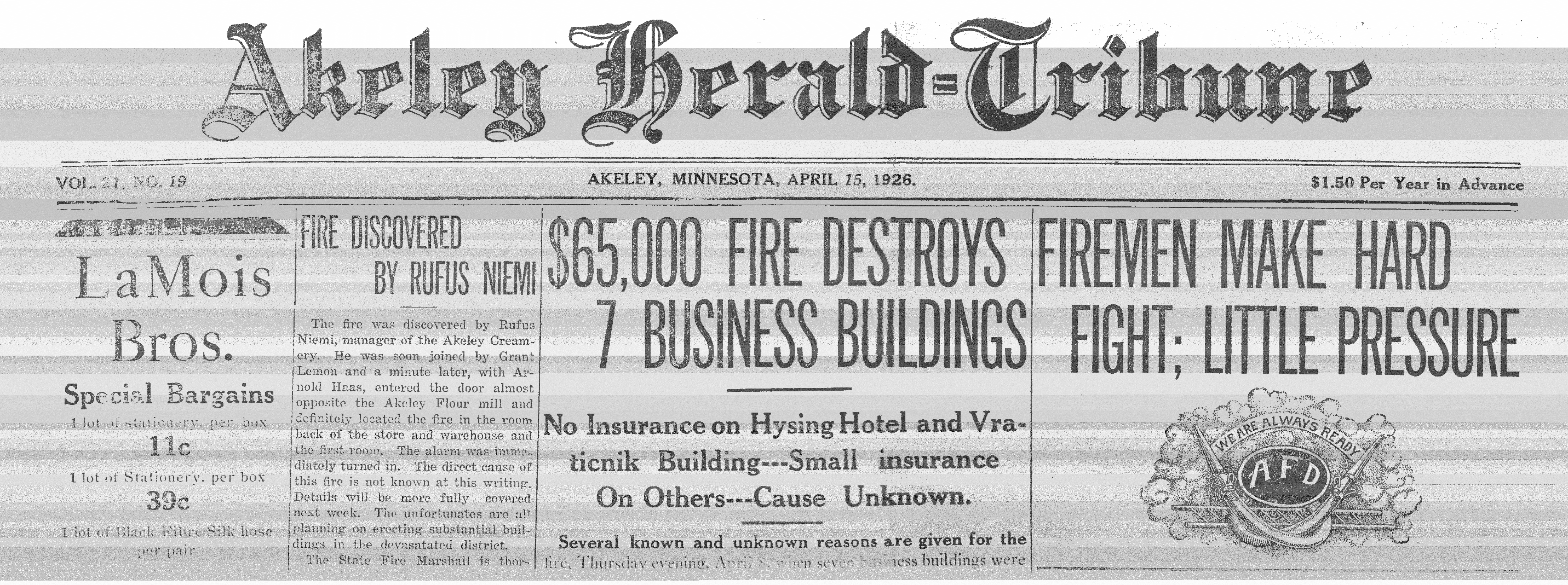 akeley herald tribune 1926 fire